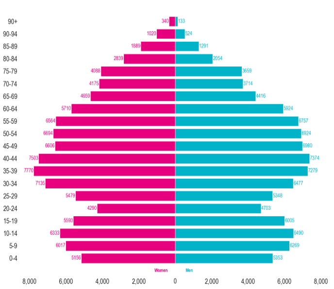 Population pyramid showing the population of East Surrey place. East Surrey place has a high population of 35-59 year olds, and a lower population of 20-29 year olds and 80+ year olds. East Surrey place has a higher male population in under 65s, but a higher female population in ages 65+.