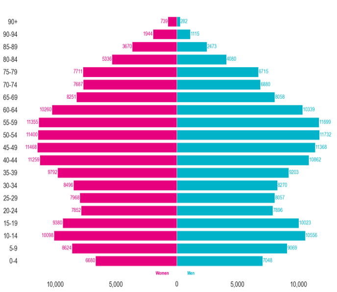 Population pyramid showing the population of Surrey Downs place. Surrey Downs place has a high population of 40-49 year olds, and a lower population of 20-29 year olds and 80+ year olds. Surrey Downs place has a higher male population in ages 0-29 and 55-64, but a higher female population in ages 30-54 and 65+.
