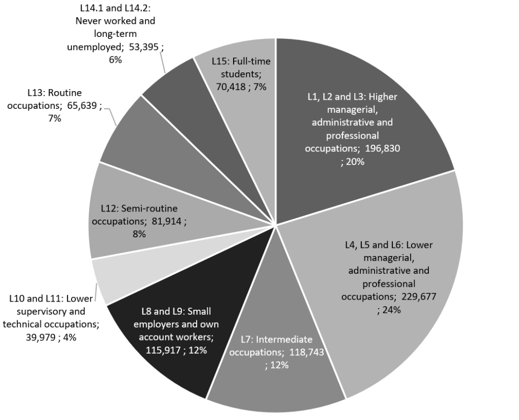 Pie chart showing the proportion of Surrey residents in each socio-economic group of the NS-SEC.