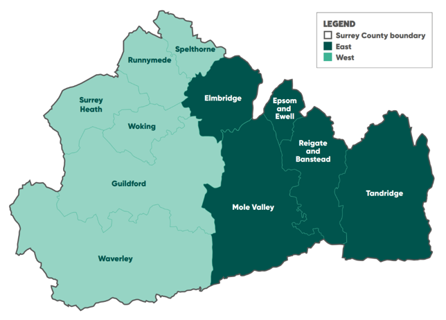 Map of Surrey as a whole showing which districts and boroughs will fall into East Surrey and which into West Surrey. Mole Valley, Elmbridge, Epsom and Ewell, Reigate and Banstead and Tandridge will be in East Surrey. Woking, Guildford, Waverley, Surrey Heath, Runnymede and Spelthorne will be in West Surrey.