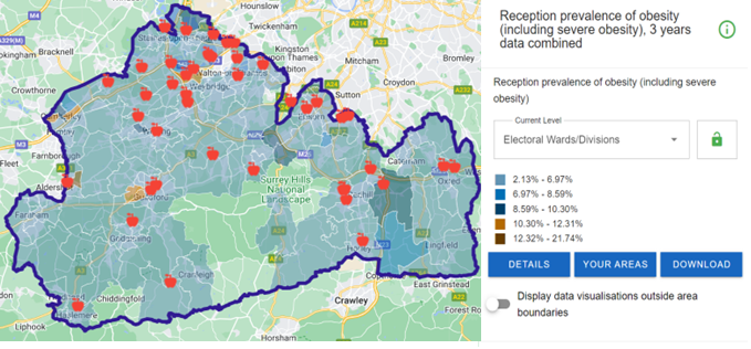 Map showing reception prevalence of obesity by ward compared to adoption of Eat Well Start Well award. Adoption of Eat Well Start Well award is more prevalent in the north of Surrey and is found in some areas where reception obesity is greater, although there are very few areas at reception level. Data is not available for all parts of Surrey.