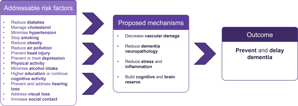 An image which shows the addressable risk factors and proposed mechanisms for Dementia