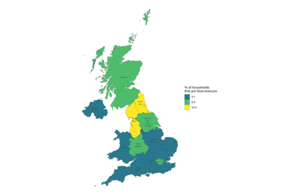 Map of the UK showing percentage of households by region that are food insecure. In general the South of England, Wales and Northern Ireland have a lower percentage with higher percentages seen in Scotland and the North of England, also the West Midlands.