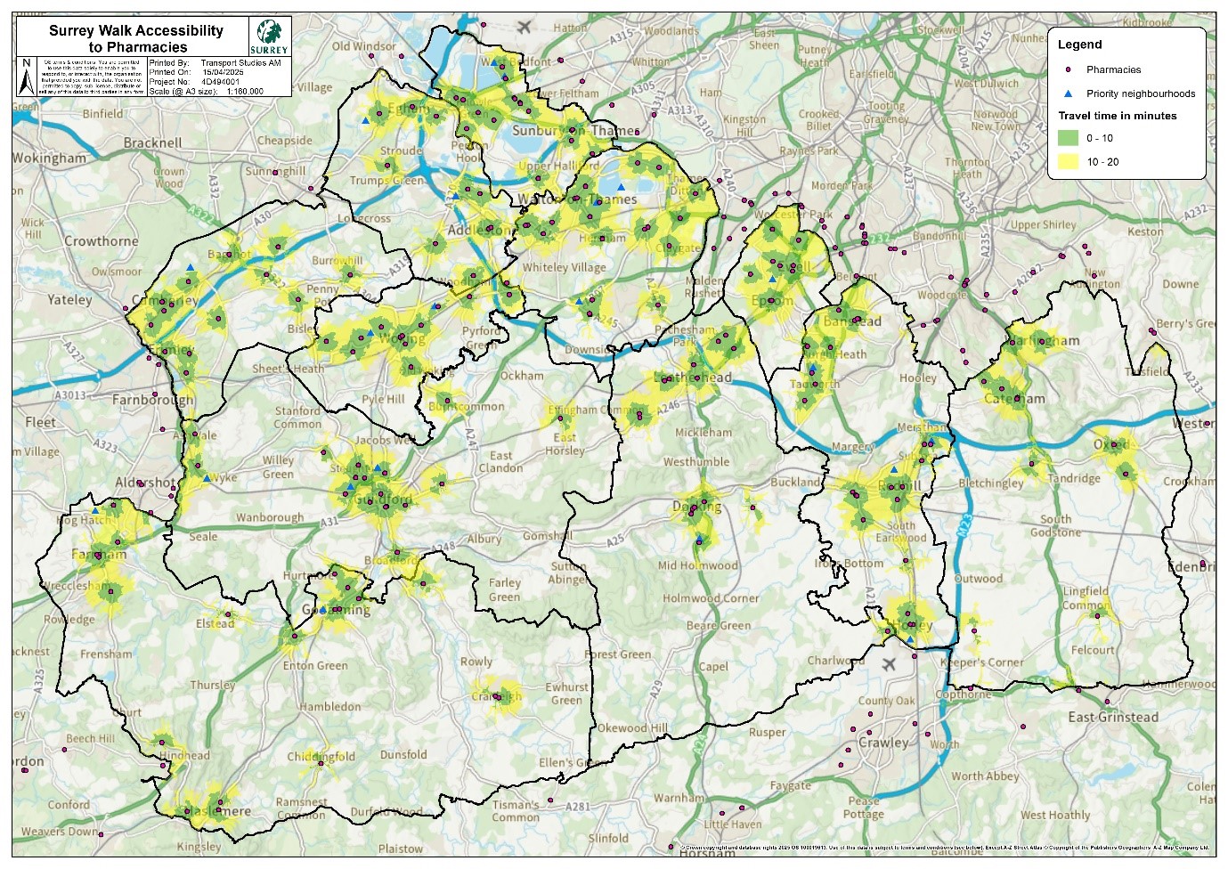 Map shows pharmacies accessible with 20 minutes walking distance. The central and southern parts of Surrey show a lack of pharmacies accessible in this way.