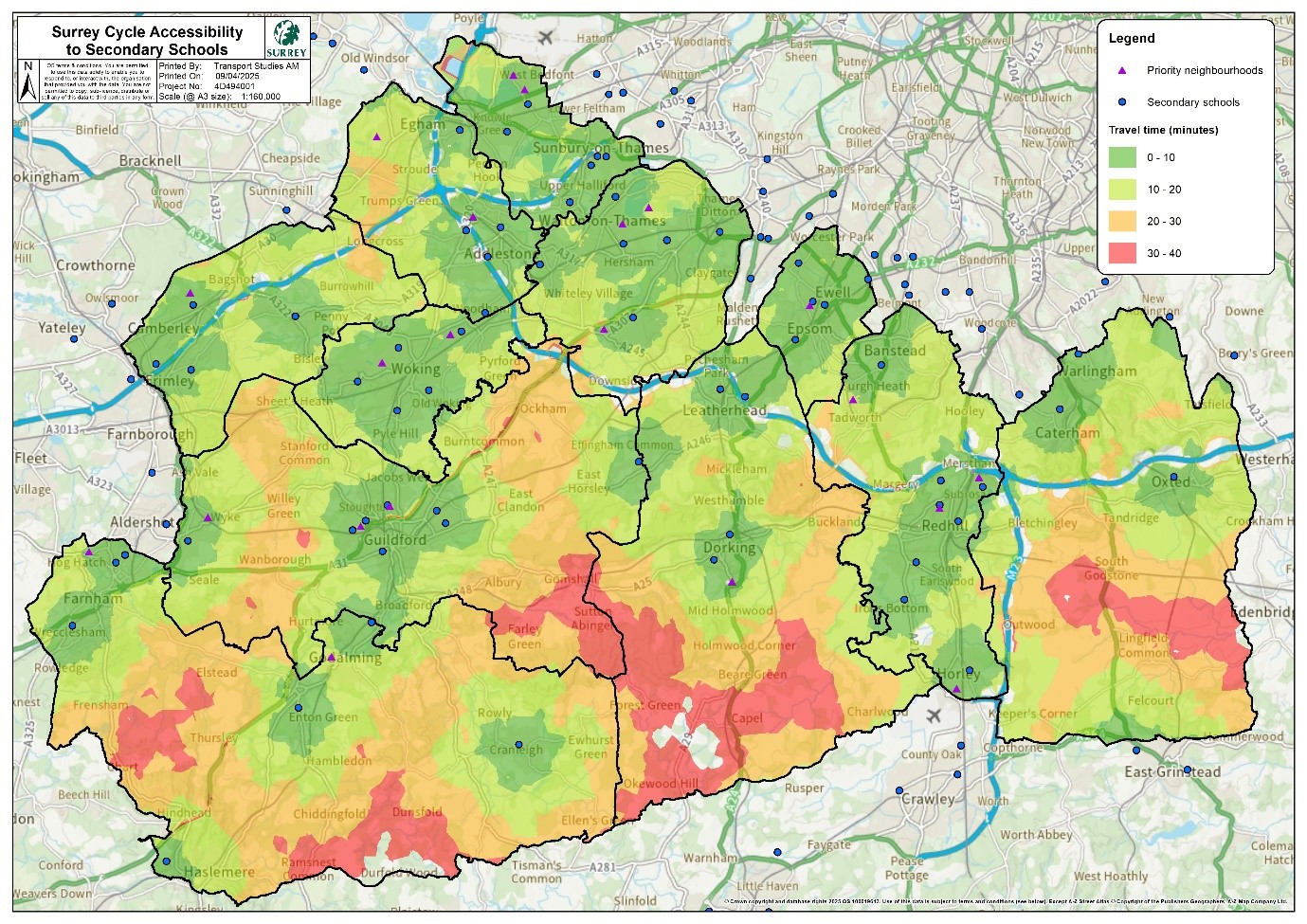 Cycle accessibility for secondary school pupils. Most of northern and central Surrey is within 20 minutes, particularly around larger towns and clusters of schools. Longer journeys of 20–30 minutes are more common across rural southern and south-western Surrey. The largest 30–40-minute areas are concentrated along the southern edge, including around Haslemere and Dunsfold, south of Guildford near Farley Green and Abinger, around Capel and Ockley, and across the south-east near South Godstone and Lingfield. Small areas show cycling times exceeding 40 minutes.