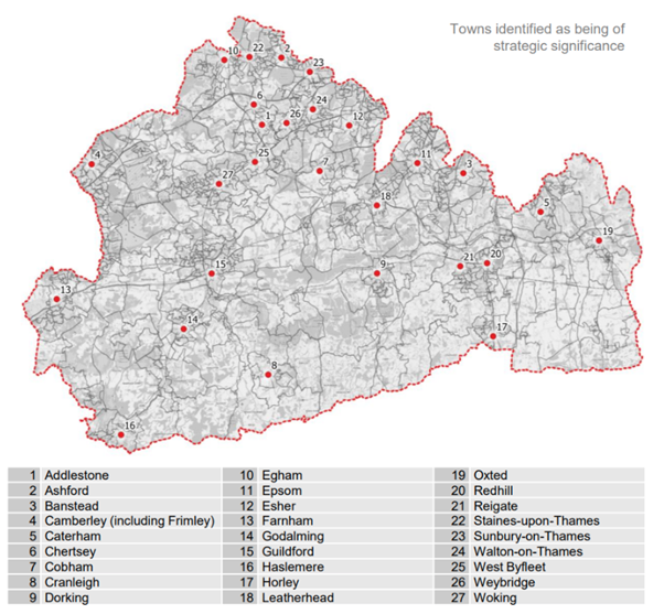 Map of Surrey showing the location of the 27 strategic towns - these are towns in Surrey which have been identified as being of strategic significance. These towns are distributed throughout Surrey, but with a higher concentration in the North of the county. The distribution by Local Authority is as follows: 4 of the towns are in Elmbridge (Walton, Cobham, Esher and Weybridge), 1 in Epsom and Ewell (Epsom), 1 in Guildford (Guildford), 2 in Mole Valley (Leatherhead and Dorking), 4 in Reigate and Banstead (Banstead, Horley, Redhill, Reigate), 3 in Runnymede (Chertsey, Addlestone and Egham), 3 in Spelthorne (Sunbury, Ashford and Staines), 1 in Surrey Heath (Camberley), 2 in Tandridge (Caterham and Oxted), 4 in Waverley (Haslemere, Cranleigh, Farnham and Godalming), 1 in Woking (Woking) and 1 split between Runnymede and Woking (West Byfleet).