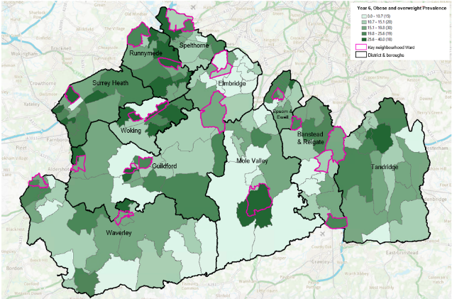 A map of Surrey showing prevalence of obesity and overweight children in year 6 by ward alongside Surrey key neighbourhood wards. There is a pattern of higher obesity in more deprived wards. Higher levels of obesity are seen across the county, but in particular some north west areas stand out as having higher levels. The Surrey key neighbourhoods are highlighted. There are 21 key neighbourhoods in Surrey representing the wards that have the most deprived pockets within the county. 3 of these wards are in Elmbridge (Walton South, Walton North, Cobham and Downside). 1 is in Epsom and Ewell (Court). 3 are in Guildford (Westborough, Bellfields and Slyfield, Ash Wharf). 1 is in Mole Valley (Dorking South). 4 are in Reigate and Banstead (Tattenham Corner and Preston, Hooley, Merstham and Netherne, Horley Central and South, Redhill West and Wray Common). 2 are in Runnymede (Englefield Green West, Chertsey St Ann’s). 2 are in Spelthorne (Stanwell North, Ashford North and Stanwell South). 1 is in Surrey Heath (Old Dean). 2 are in Waverley (Farnham Heath End, Godalming Central and Ockford). 2 are in Woking (Canalside, Goldsworth Park).