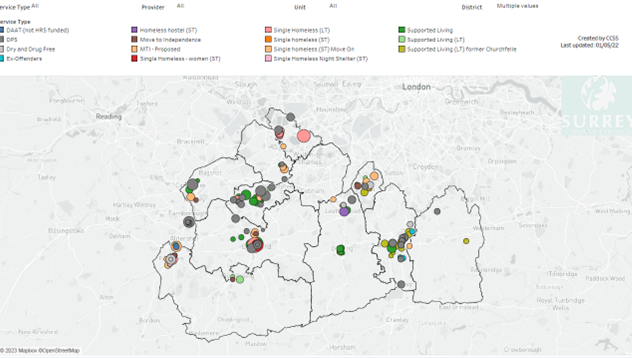 A map showing the different types of housing support and where they are distributed throughout Surrey. The map shows the location of the following services DAAT, DPS, Dry and Drug Free, Ex-offenders, Homeless hostel, move to independence, MTI-proposed, single homeless - women, single homeless (LT), single homeless (ST), single homeless move in, single homeless night shelter supported living, supported living (LT), supported living (LT) formerly Churchfelle. Services are distributed throughout Surrey but with a focus around the larger towns. Little services are located in the South and East of Surrey.