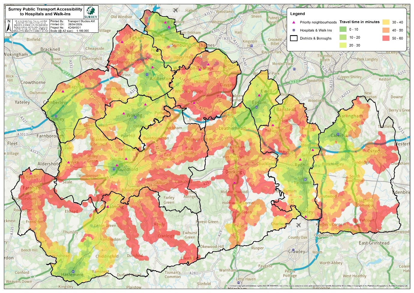 map showing the areas in Surrey where it is possible to access a hospital or walk-in within 60 minutes using public transport, different colours show different levels of accessibility in 10 minute segments. More urban areas in the West and East of the county can access these services within 30 minutes. Other areas, particularly in the south, central north have longer times of 30-60 minutes. There are area that have no access within 60 minutes, in particularly in the middle southern portion of the county.