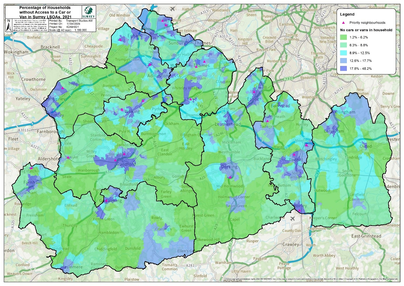 Map showing the percentage of households with no access to a car or van across Surrey by LSOA. Most areas have lower percentages of households without a vehicle. The highest concentrations of households without a car or van are found in urban centres. District and borough boundaries are also shown