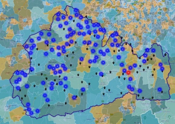 location of schools in Surrey. Schools are seen across Surrey but with a greater density in the north of the county. There is an are in the south and central of Surrey which has very few schools.