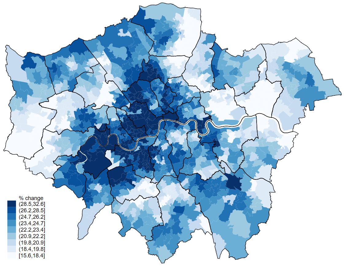 Estimated percentage point change in remote working 2022 over 2019, London, Middle Super Output Areas (MSOAs)