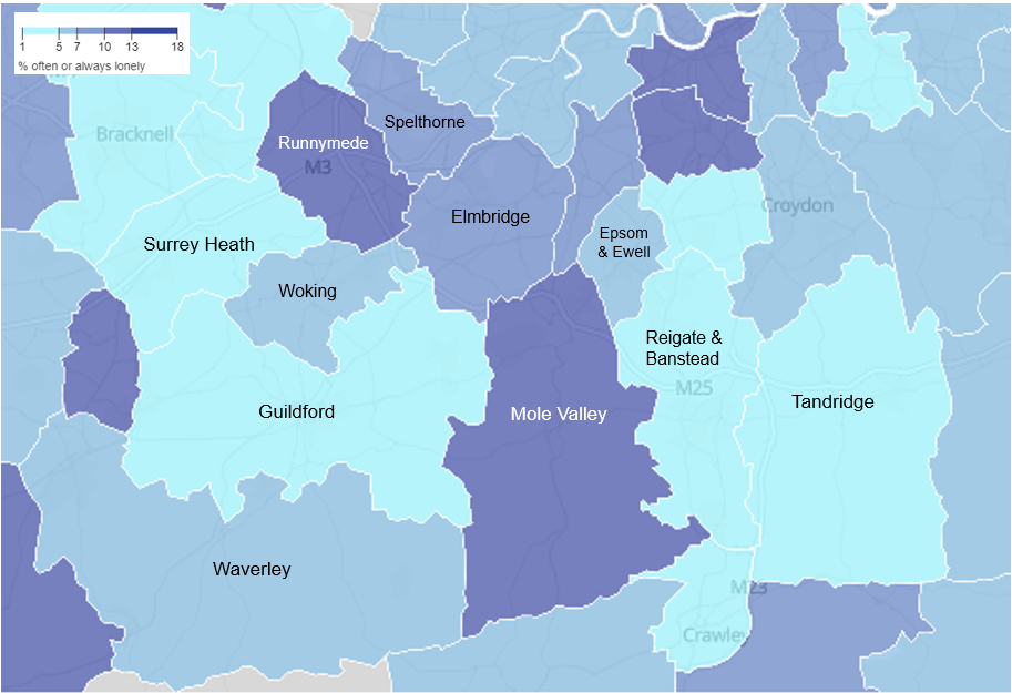 The map shows Local Authorities within Surrey and the percentage of adults aged 16 and over responding that they felt lonely 'often or always'. Mole Valley and Runnymede have the highest figures.