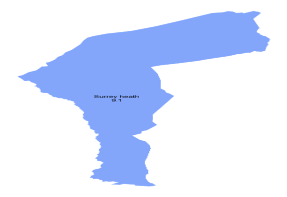 Map of Surrey Heath showing the IMD score of Surrey Heath's PCNs. Surrey Heath PCN is in Decile 8, with a score of 9.1.