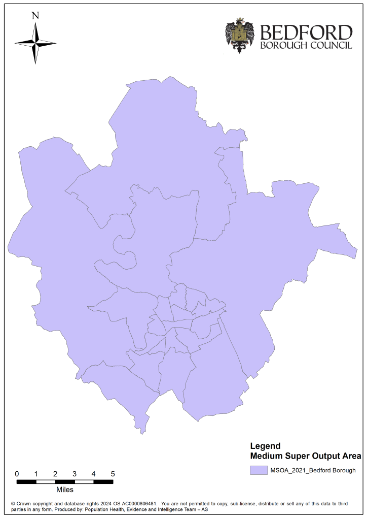 A map of the medium super output area for Bedford Borough