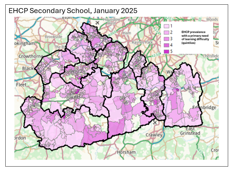 A map of the number of secondary school children with a primary need of learning difficulty by LSOA in 2025. About 6 LSOAs are in the 5th quintile for EHCP prevalence. The majority of the map and LSOAs are in the 1st quintile.