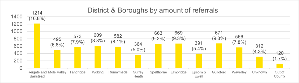 referrals to domestic abuse services by local authority in Surrey. Reigate and banstead have 1214 which is the highest and a lot higher than any other district and borough, the lowest is Surrey Heath with 364. 312 were unknown and 120 out of county.