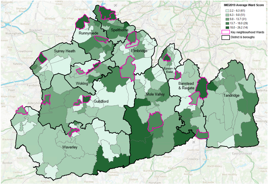 Map of Surrey showing deprivation by ward. In general deprivation is higher in some northern areas but with a few areas in the central south of the county also showing higher deprivation. The Surrey key neighbourhoods are highlighted. There are 21 key neighbourhoods in Surrey representing the wards that have the most deprived pockets within the county. 3 of these wards are in Elmbridge (Walton South, Walton North, Cobham and Downside). 1 is in Epsom and Ewell (Court). 3 are in Guildford (Westborough, Bellfields and Slyfield, Ash Wharf). 1 is in Mole Valley (Dorking South). 4 are in Reigate and Banstead (Tattenham Corner and Preston, Hooley, Merstham and Netherne, Horley Central and South, Redhill West and Wray Common). 2 are in Runnymede (Englefield Green West, Chertsey St Ann’s). 2 are in Spelthorne (Stanwell North, Ashford North and Stanwell South). 1 is in Surrey Heath (Old Dean). 2 are in Waverley (Farnham Heath End, Godalming Central and Ockford). 2 are in Woking (Canalside, Goldsworth Park).