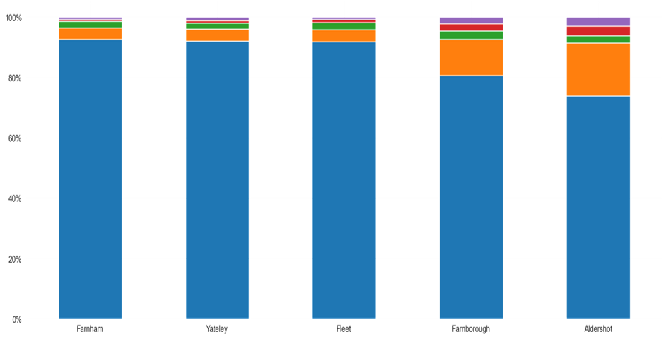 Ethnicity demographics of North East Hampshire and Farnham PCNs. All PCNs have a majority white population, ranging from around 73% in Aldershot PCN to around 92% in Farnham PCN. Aldershot has the largest proportion of Asian, Asian British, or Asian Welsh, Other ethnic group, and Black, Black British, Black Welsh, Carribean or African population. Farnborough has the largest proportion of Mixed or Multiple ethnic groups.