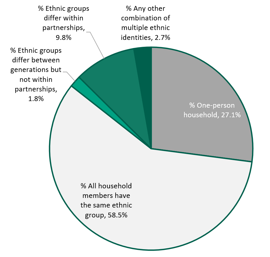 Pie chart of the prevalence of combinations of ethnic groups in all households in Surrey.