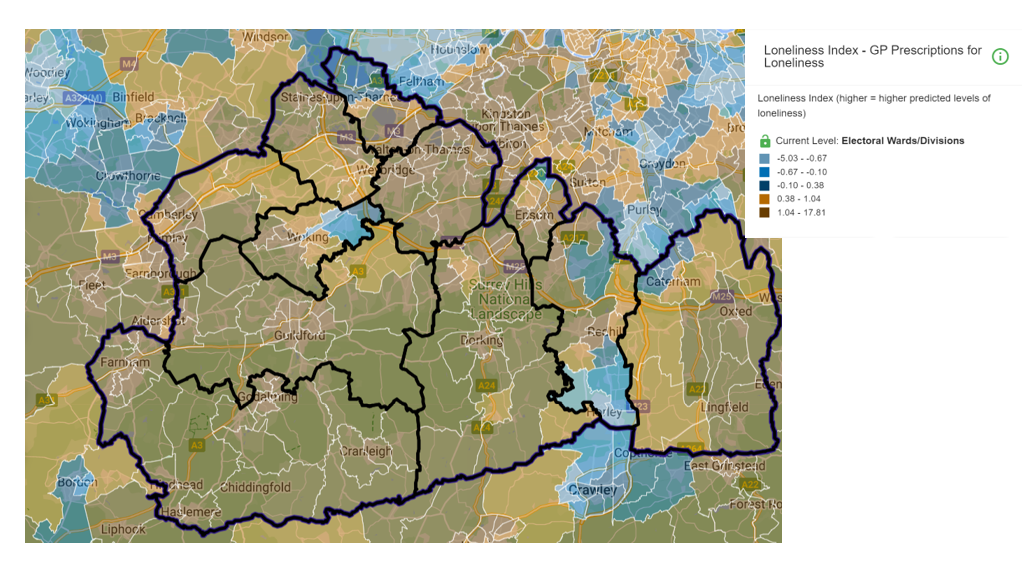 Map of Surrey showing Loneliness Index data by electoral ward. Boundaries are shown for the District and Borough councils.