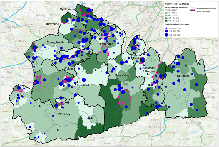 Map of Surrey showing year 6 children eligible for free school meals compared to deprivation at ward levelMap of Surrey showing year 6 children eligible for free school meals compared to deprivation at ward level. Areas of higher deprivation often have a higher proportion eligible for free school meals. The Surrey key neighbourhoods are highlighted. There are 21 key neighbourhoods in Surrey representing the wards that have the most deprived pockets within the county. 3 of these wards are in Elmbridge (Walton South, Walton North, Cobham and Downside). 1 is in Epsom and Ewell (Court). 3 are in Guildford (Westborough, Bellfields and Slyfield, Ash Wharf). 1 is in Mole Valley (Dorking South). 4 are in Reigate and Banstead (Tattenham Corner and Preston, Hooley, Merstham and Netherne, Horley Central and South, Redhill West and Wray Common). 2 are in Runnymede (Englefield Green West, Chertsey St Ann’s). 2 are in Spelthorne (Stanwell North, Ashford North and Stanwell South). 1 is in Surrey Heath (Old Dean). 2 are in Waverley (Farnham Heath End, Godalming Central and Ockford). 2 are in Woking (Canalside, Goldsworth Park).
