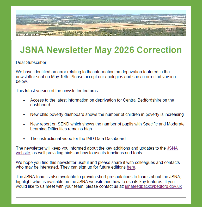 This image shows an example of the May 2026 JSNA newsletter for Central Bedfordshire