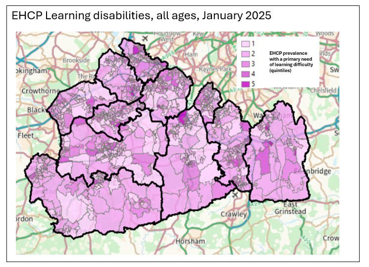 This map shows Surrey broken down into LSOAs and the colours on the map represent the prevalence of EHCP with a primary need of learning difficulty in quintiles. 
Most LSOAs have value of around 2 or 3 with only 4 LSOAs having a value of 5. 
The southern areas have the lower figures and the ones more to the north tend to have higher values.