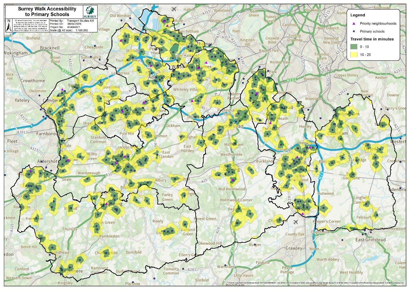 Areas where a primary school is located within a 20 minute walk, these tend to be in the more urban areas in the east, west and north. There are parts of Surrey where it is not possible to access a primary school in this way, notable in the southern and central parts of the county.