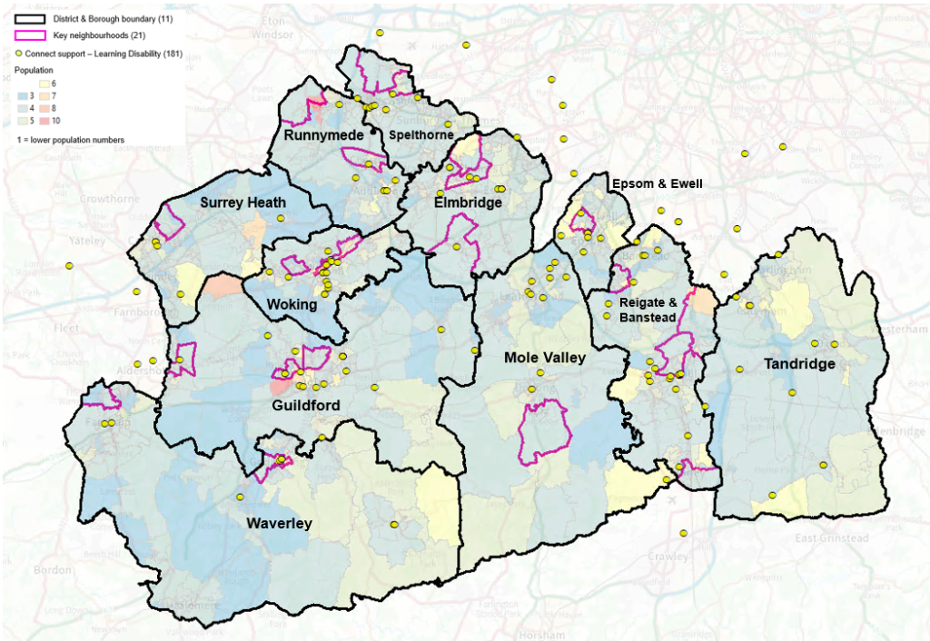 Map showing LSOAs in Surrey and the Connect to Support services available for Learning Disabilities.