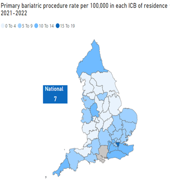 Map showing bariatric procedure rate per 100,000 by ICB in 21/22. Surrey has one of the highest rates nationally, with a rate of between 10 to 14 per 100,000.