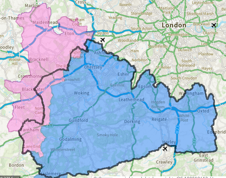 Map of Surrey showing which areas fall under Surrey Heartlands ICS and which areas are in Frimley ICS. The map shows that the majority of the Surrey population live in Surrey Heartlands, with on a small area to the west of Surrey falling within Frimley.