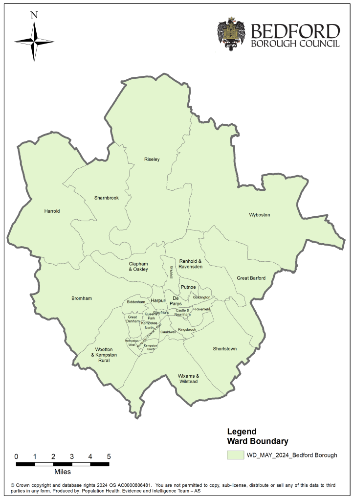 A map of the ward boundary for Bedford Borough