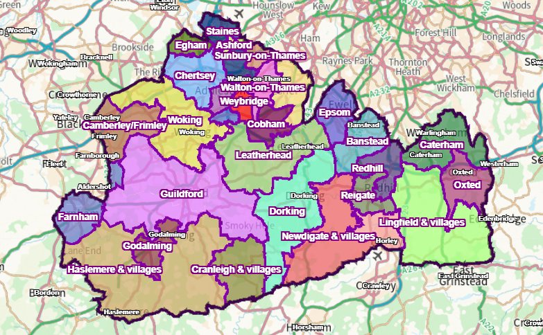 A map showing the geographical boundaries of Surrey's town and village areas. Towns and villages in north west Surrey include Staines-upon-Thames, Egham, Ashford, Sunbury-on-Thames, Walton-on-Thames, Cobham, Weybridge, Addlestone, Chertsey, and Woking. Towns and villages in south west Surrey include Camberley/Frimley, Guildford, Farnham, Godalming, Haslemere, and Cranleigh. Towns and villages in central Surrey include    Leatherhead, Epsom, Banstead, Dorking, Newdigate & villages, Redhill, and Reigate. Towns and villages in East Surrey include Lingfield & villages, Caterham, and Oxted.