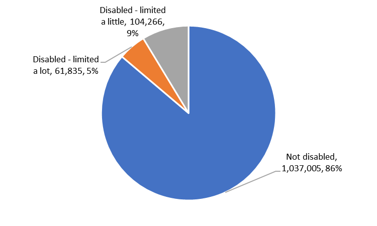 A pie chart showing the proportions of Surrey residents who are disabled. 1,037,005 people are not disabled (86%). 104,266 people are disabled and limited a little (9&). 61,835 are disabled and limited a lot (5%).