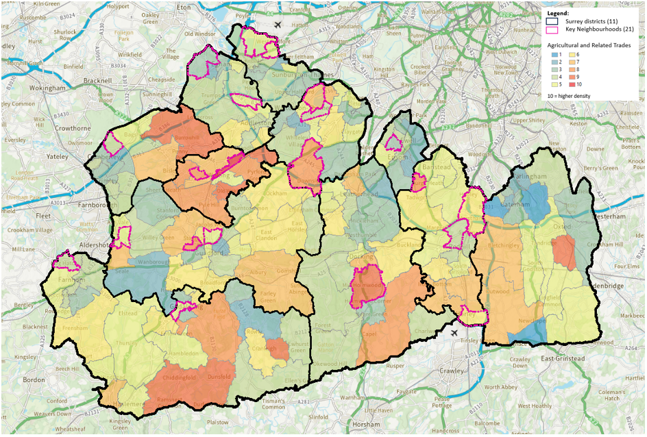 Map of Surrey showing ward level data on number of people in occupations in agriculture and related trades. Key neighbourhoods are identified.