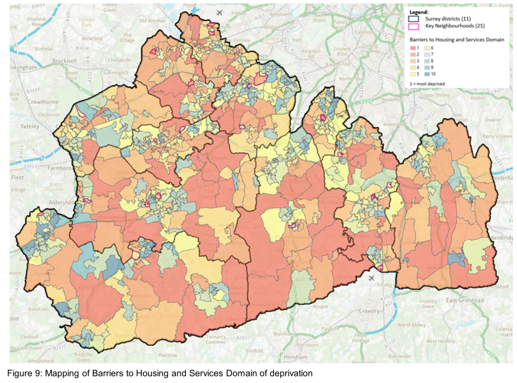 Map of Index of Multiple Deprivation in Surrey LSOAs showing the barriers to housing and services domain.