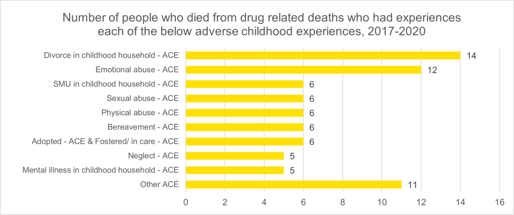 Experiences of those in Surrey who dies from drug related deaths. Divorce in childhood household was most common followed by emotional abuse, SMU, sexual abuse, physical abuse, bereavement, adopted, neglect and mental illness in childhood household.