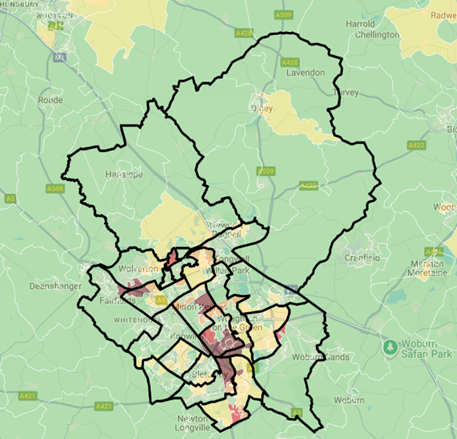 A map of Milton Keynes that shows the proportion of households affected by deprivation in four dimensions