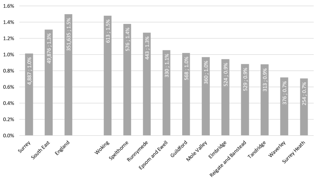 Bar chart showing the percentage of households without central heating across Surrey districts and boroughs.