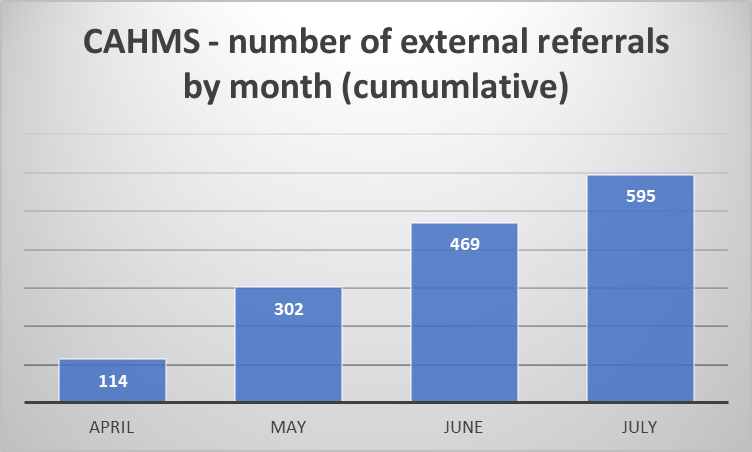 This chart shows the number of external referrals by month (cumulative) for CAHMS