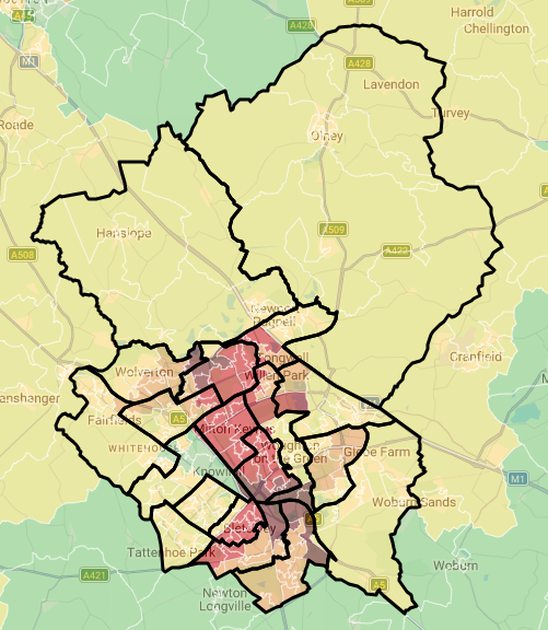 A map which shows the proportion of year 6 pupils with obesity including severe obesity in Milton Keynes