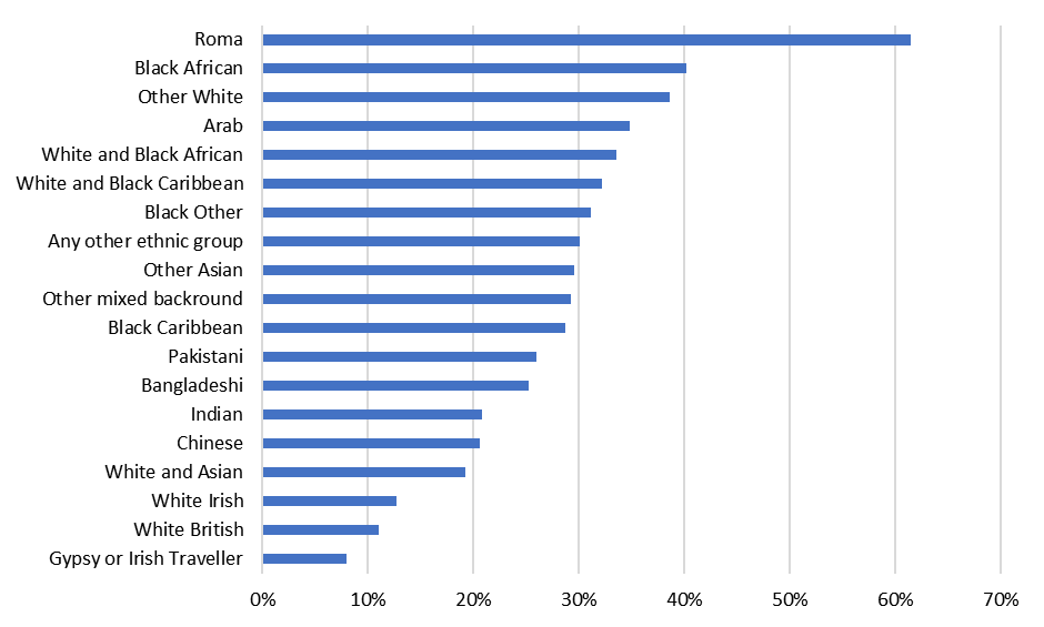 A bar chart showing the percentage of Surrey households living in private rented accommodation, categorised by ethnic group.