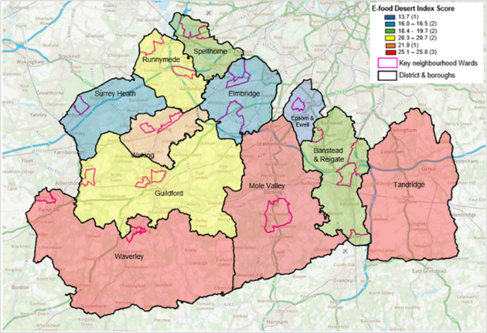 Map of local authorities in Surrey showing the e-food desert index. Waverley, Mole Valley and Tandridge are the highest. Epsom and Ewell has the lowest figure. All figures are presented in the accompanying table below.