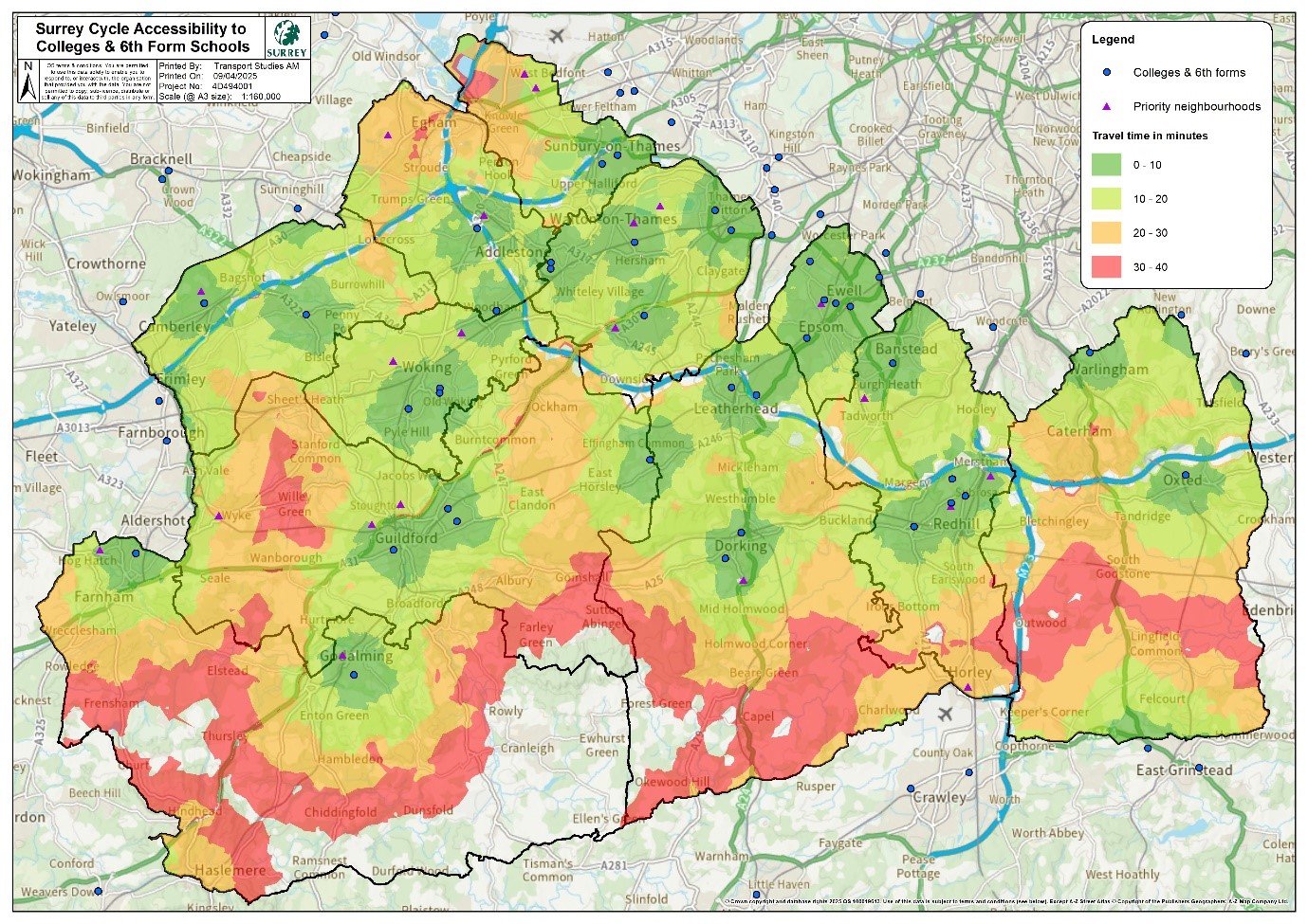 Map of Surrey showing estimated cycling time to the nearest college or sixth form. Access is generally best in northern and central Surrey, where colleges and sixth forms are more numerous and large areas around towns such as Woking, Guildford, Epsom, Redhill and Staines are within 20 minutes. Cycling times increase across the more rural south and south-west. There are 30–40-minute journeys around Farnham and Frensham, Haslemere and Chiddingfold, Farley Green and Shere, Ockley and Capel, Horley and Outwood, and South Godstone and Lingfield. Unshaded areas, mainly along the southern boundary, indicate journeys exceeding 40 minutes