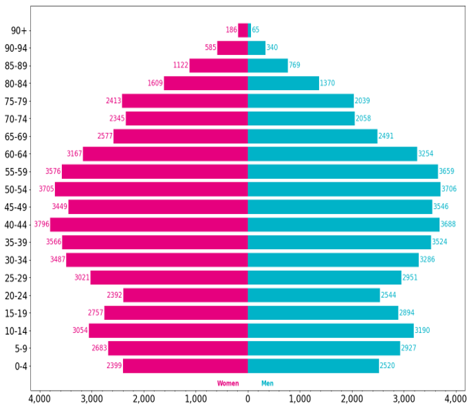 Population pyramid showing the population of Surrey Heath place. Surrey Heath place has a high population of 40-44 and 50-54 year olds, and a lower population of 20-24 year olds and 80+ year olds. Surrey Heath place has a higher male population in ages 0-24 and 45-64, but a higher female population in ages 25-44 and 65+.