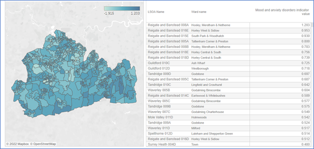 This figure is a map of surrey showing prevalence of Mood and Anxiety disorders.