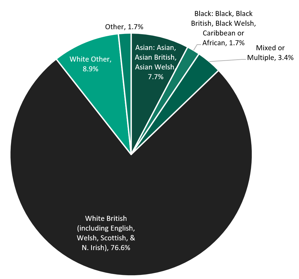 Pie chart of the prevalence of high-level ethnic groups in Surrey, 2021.