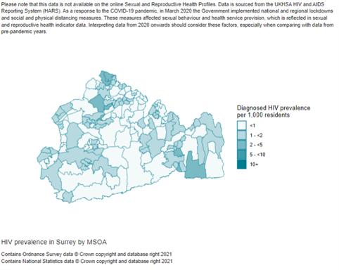 The map shows diagnosed HIV prevalence per 1,000 residents across Middle Layer Super Output Areas (MSOAs) in Surrey, with most areas having a prevalence below 2 per 1,000. However, a few areas in the southeast and northwest have higher rates between 2 and 10 per 1,000.