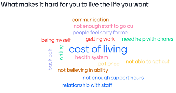 Word cloud shows feedback received from the Surrey People's group around what makes it hard to live the life you want, the largest words were the most commonly reported and these included: cost of living, health, getting work, being myself
